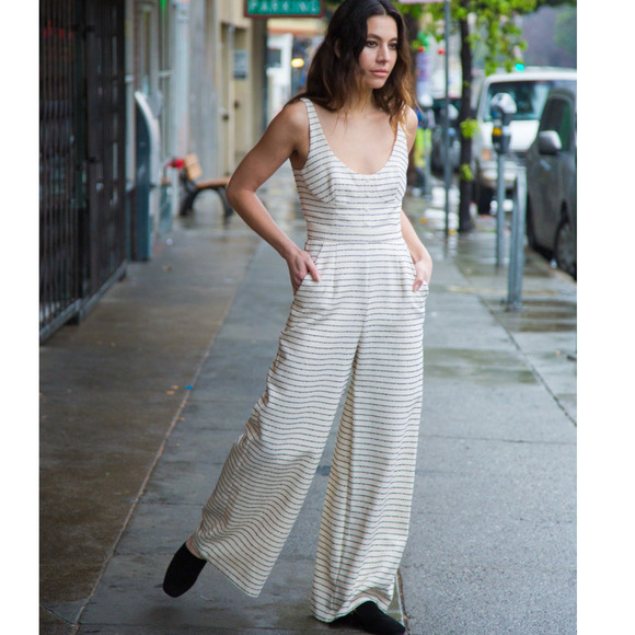 Mara Hoffman Pants - Mara Hoffman Striped Jumpsuit Cream Black Wide Leg Sleeveless Cotton Sz 0